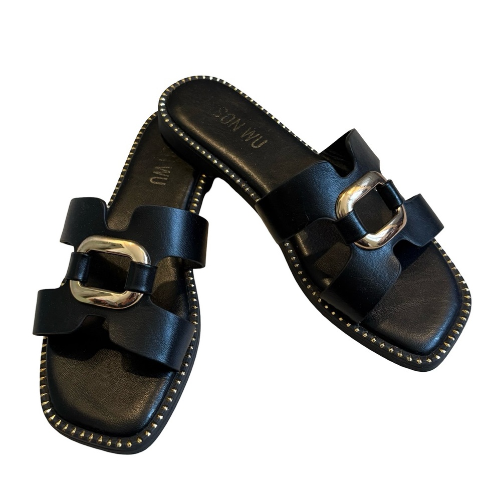 Jason Wu Black Leather Slide Sandals with Silver Buckle